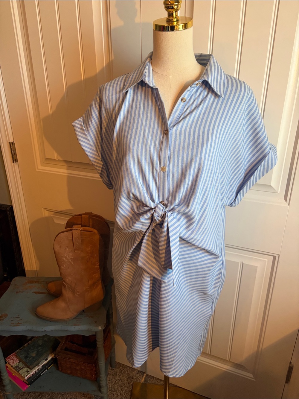 Striped Light Blue Tie-Front Button Down Shirt Dress